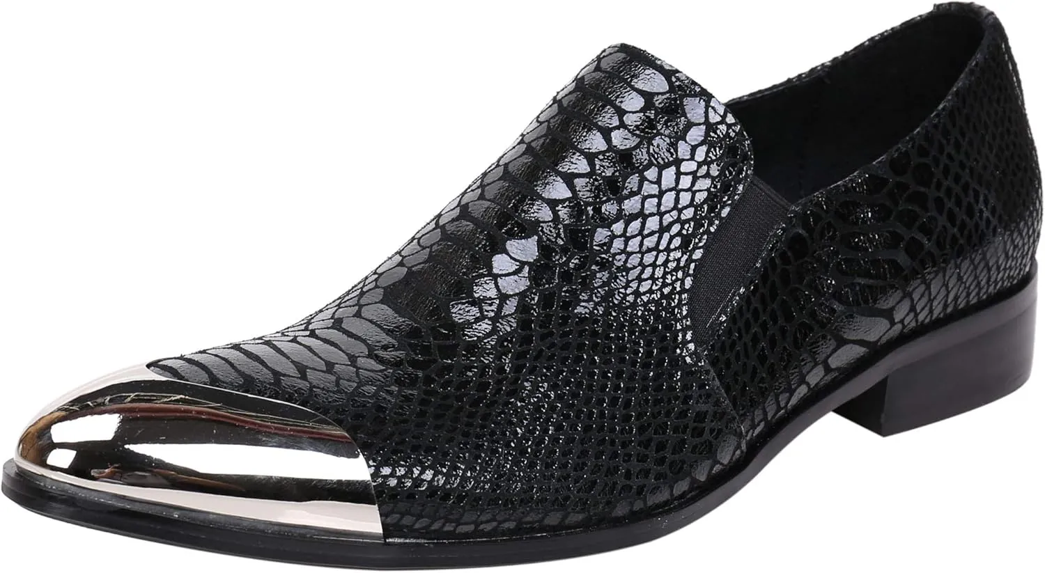 Santimon Mens Loafers Pointed Toe Leather Fashion Printed Metal Tip Western Dress Shoes