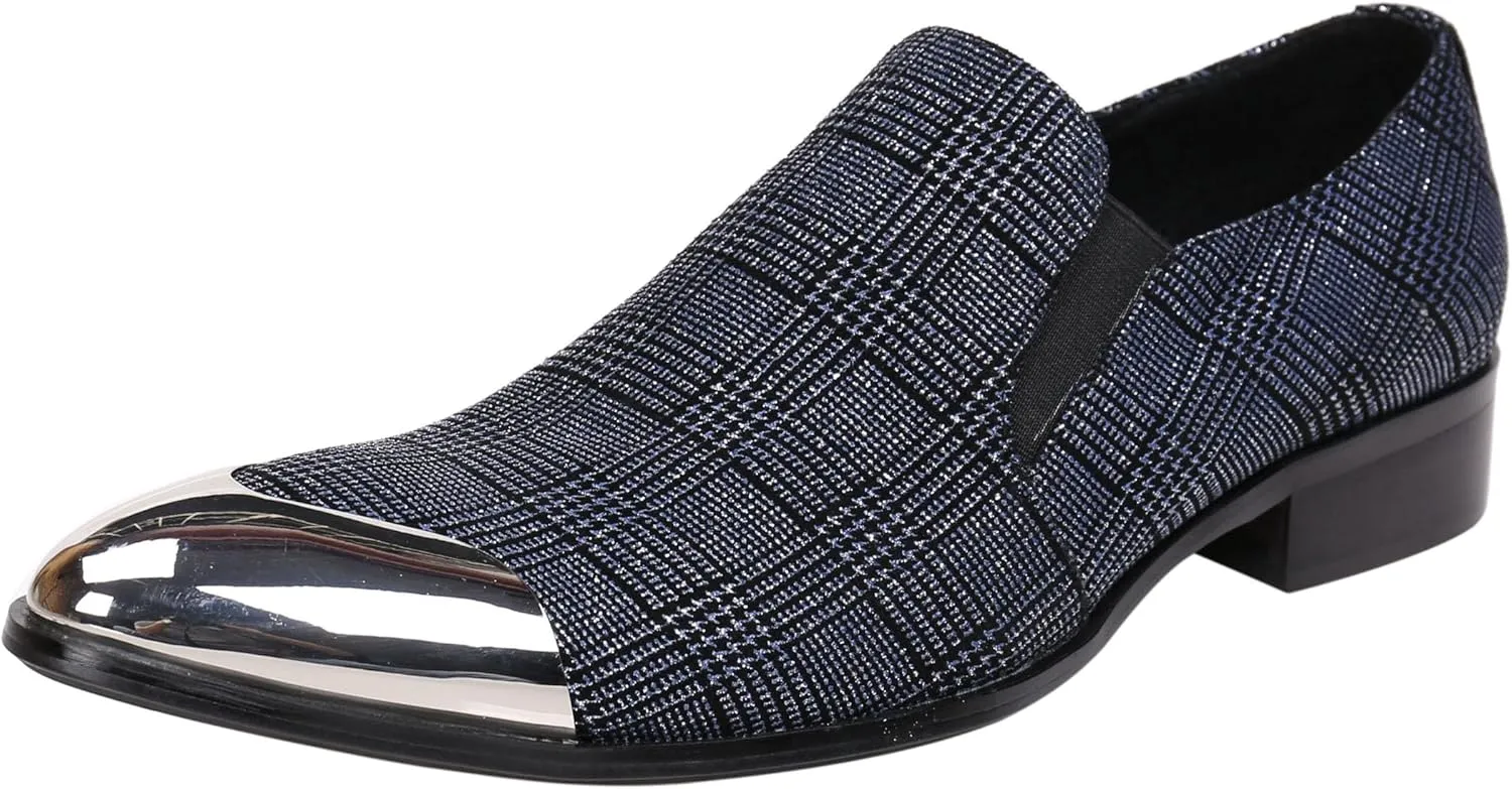 Santimon Mens Loafers Pointed Toe Leather Fashion Printed Metal Tip Western Dress Shoes