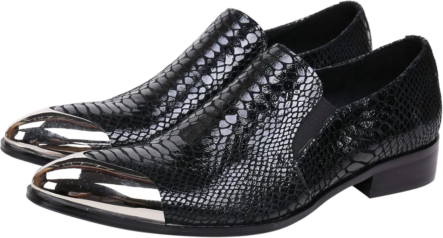 Santimon Mens Loafers Pointed Toe Leather Fashion Printed Metal Tip Western Dress Shoes