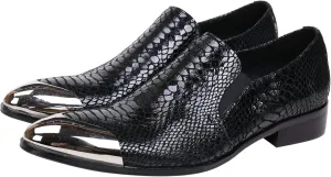 Santimon Mens Loafers Pointed Toe Leather Fashion Printed Metal Tip Western Dress Shoes