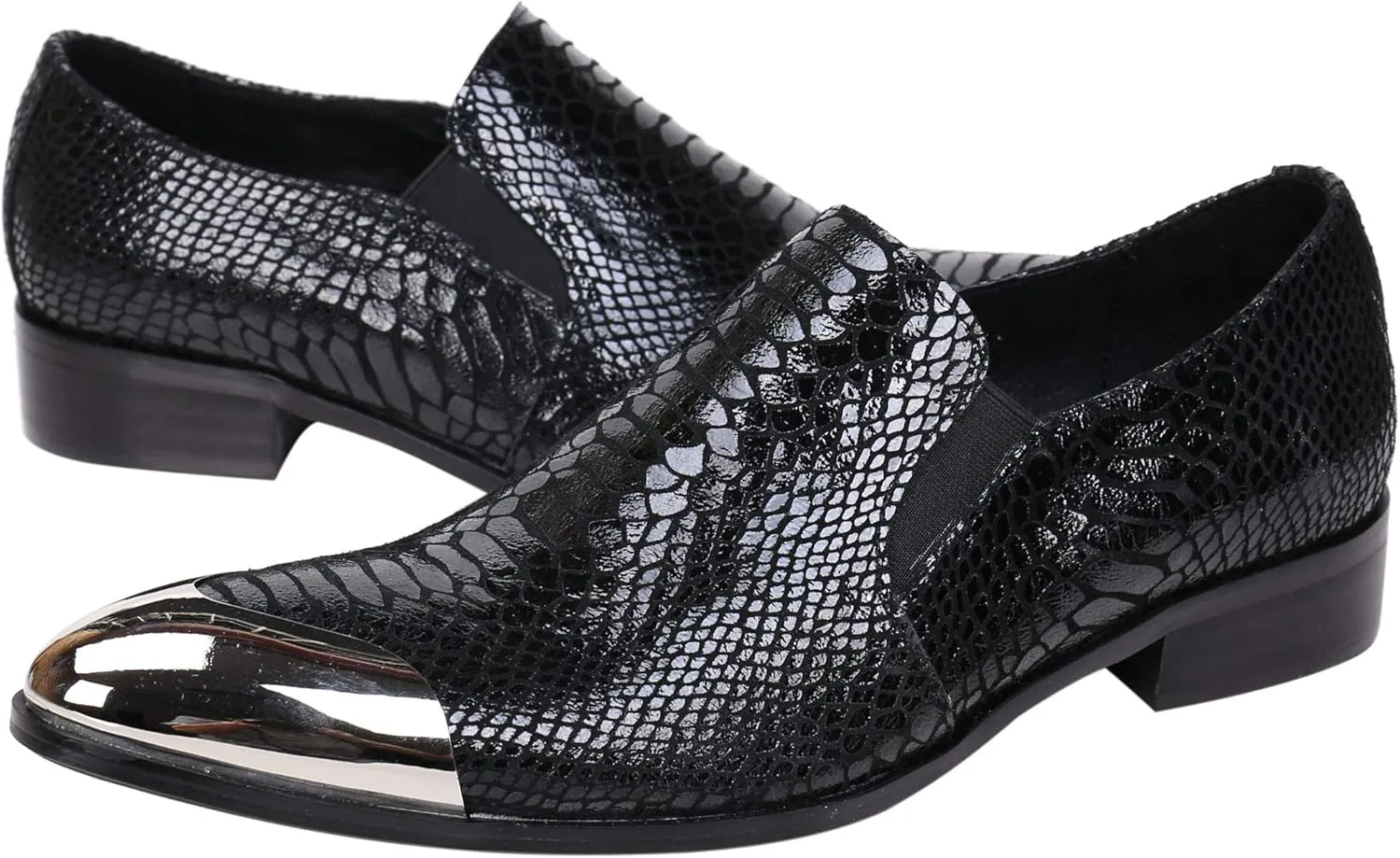 Santimon Mens Loafers Pointed Toe Leather Fashion Printed Metal Tip Western Dress Shoes