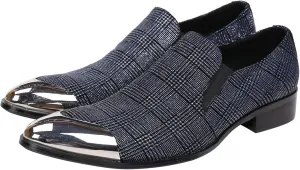 Santimon Mens Loafers Pointed Toe Leather Fashion Printed Metal Tip Western Dress Shoes