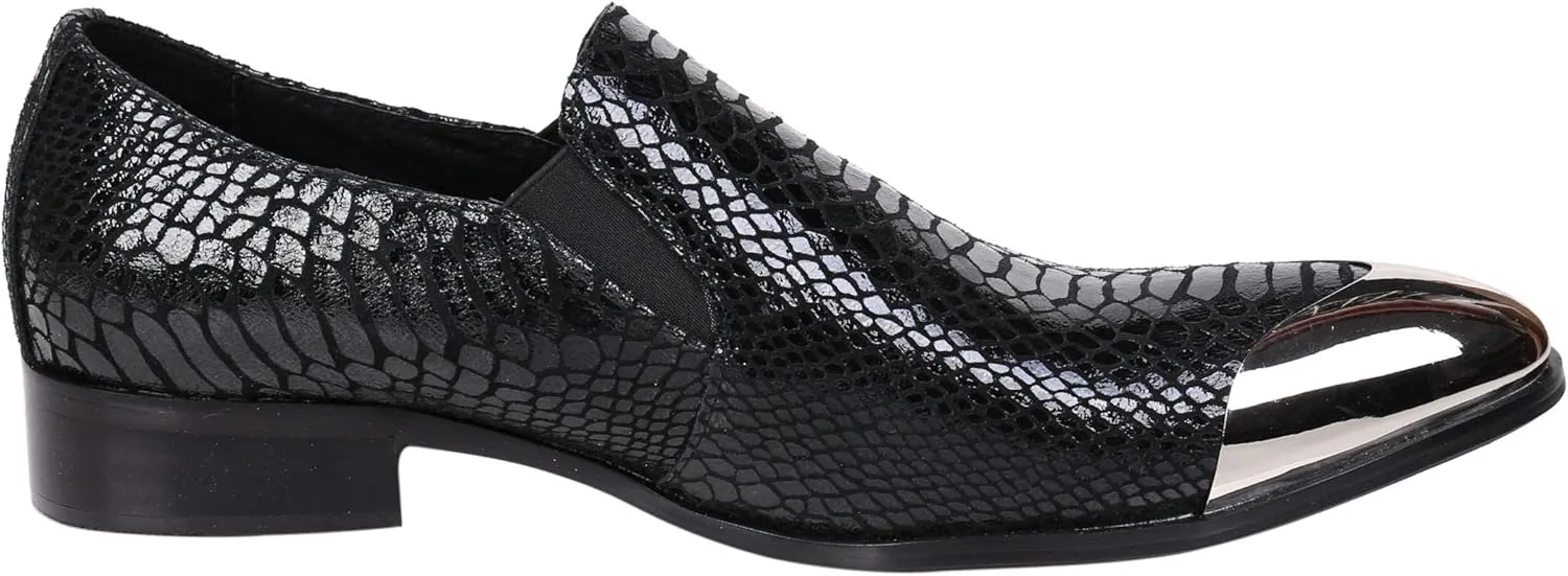 Santimon Mens Loafers Pointed Toe Leather Fashion Printed Metal Tip Western Dress Shoes