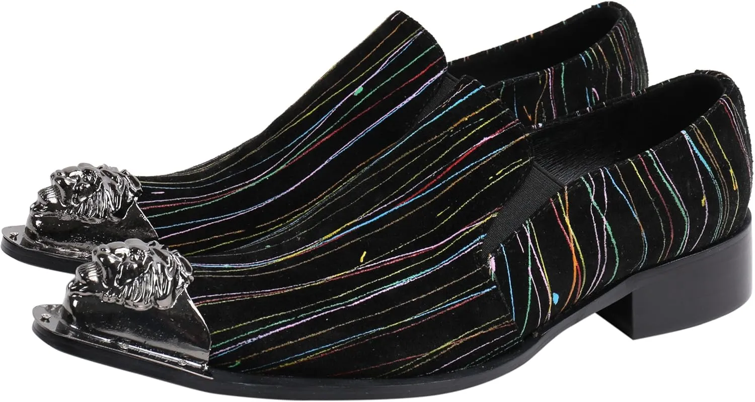 Santimon Mens Loafers Pointed Toe Sparkling Leather Fashion Casual Metal Tip Western Dress Shoes