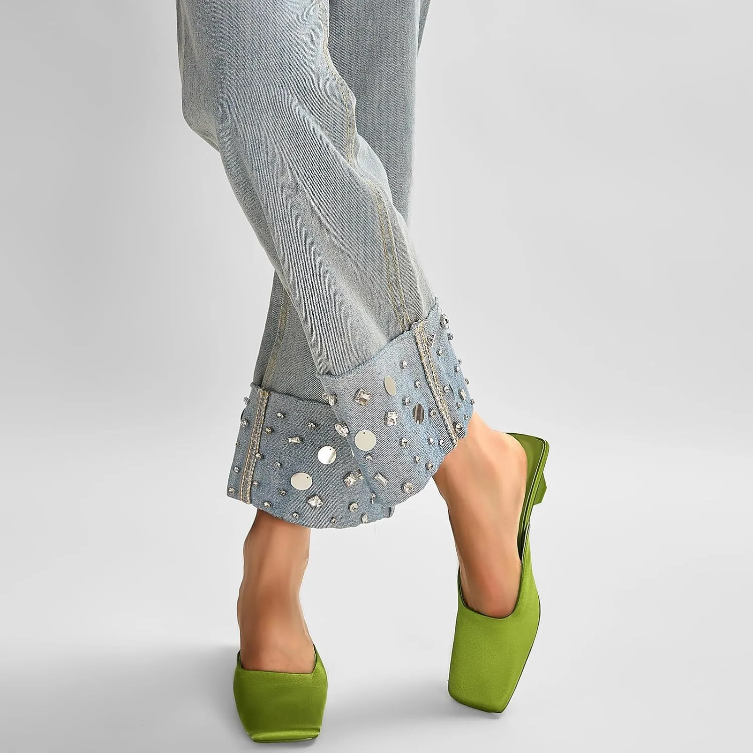 Satin Mid-low Heels Muller Sandals for Women, Closed Square Toe Kitten Heels Slip On Mules for Wedding Party Dance Dressy Casual Summer Pumps
