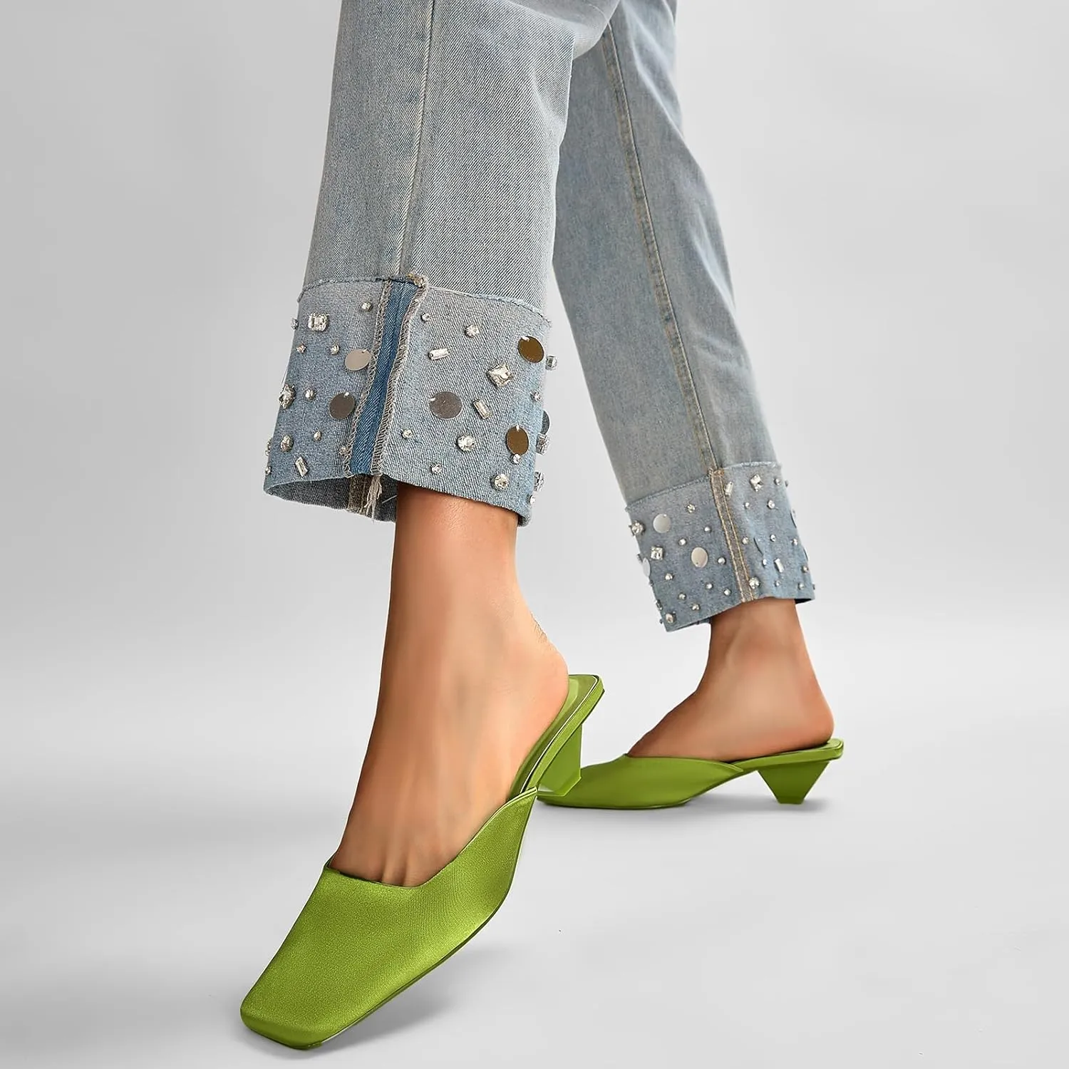 Satin Mid-low Heels Muller Sandals for Women, Closed Square Toe Kitten Heels Slip On Mules for Wedding Party Dance Dressy Casual Summer Pumps