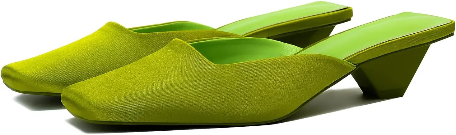 Satin Mid-low Heels Muller Sandals for Women, Closed Square Toe Kitten Heels Slip On Mules for Wedding Party Dance Dressy Casual Summer Pumps