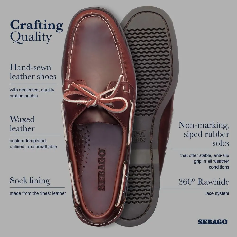 Sebago Portland Waxed Boat Shoes - Handsewn Waxed Leather Moccasins with Leather Sock Lining and Non-Marking, Slip-Resistant Rubber Outsoles
