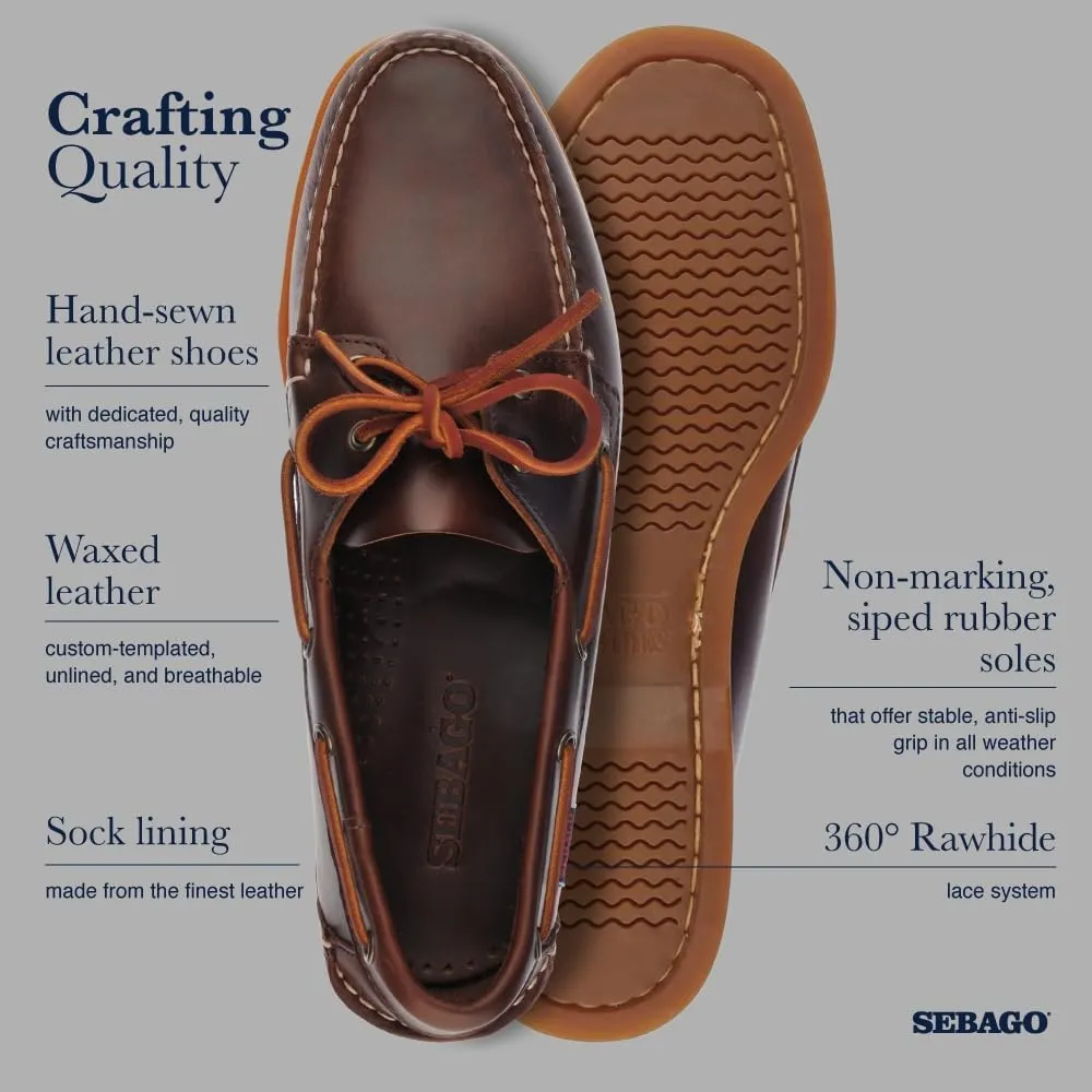 Sebago Portland Waxed Boat Shoes - Handsewn Waxed Leather Moccasins with Leather Sock Lining and Non-Marking, Slip-Resistant Rubber Outsoles