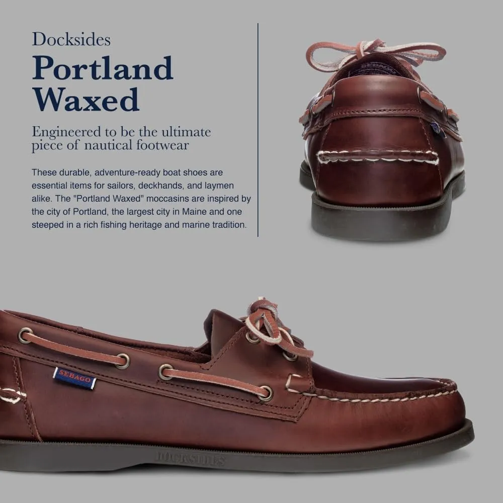 Sebago Portland Waxed Boat Shoes - Handsewn Waxed Leather Moccasins with Leather Sock Lining and Non-Marking, Slip-Resistant Rubber Outsoles