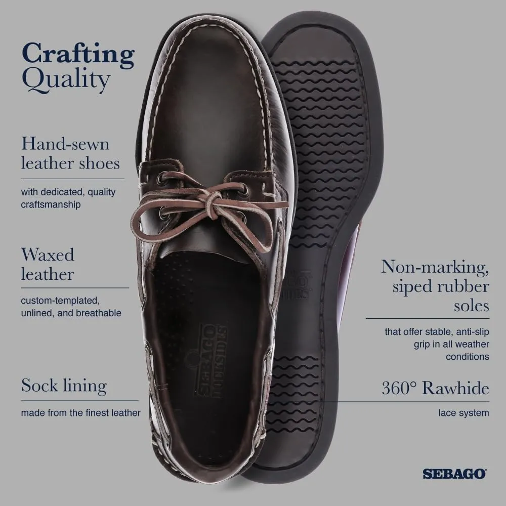 Sebago Portland Waxed Boat Shoes - Handsewn Waxed Leather Moccasins with Leather Sock Lining and Non-Marking, Slip-Resistant Rubber Outsoles
