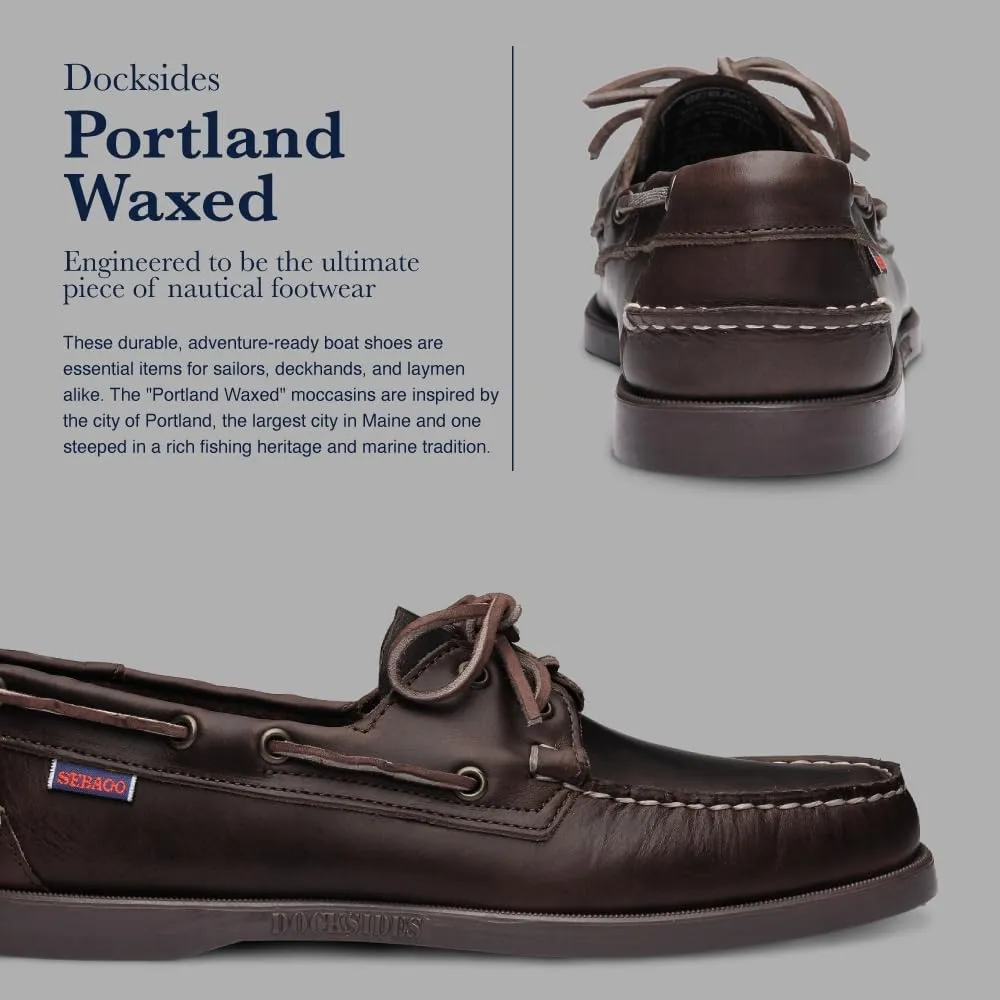 Sebago Portland Waxed Boat Shoes - Handsewn Waxed Leather Moccasins with Leather Sock Lining and Non-Marking, Slip-Resistant Rubber Outsoles