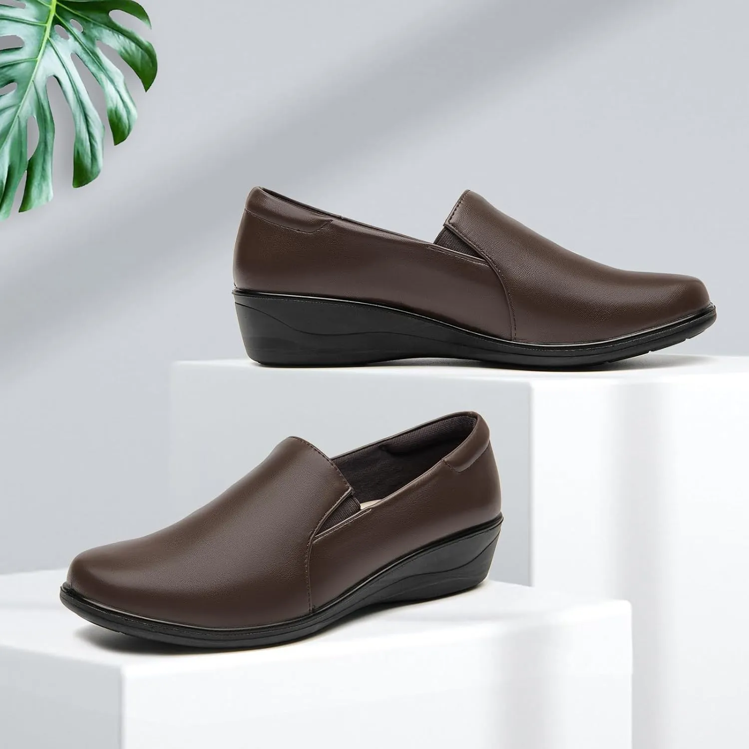 SelenePair Women's Low Wedge Heels Pumps Round Toe Slip-on Comfortable Loafers Casual Office Business Dress Work Shoes