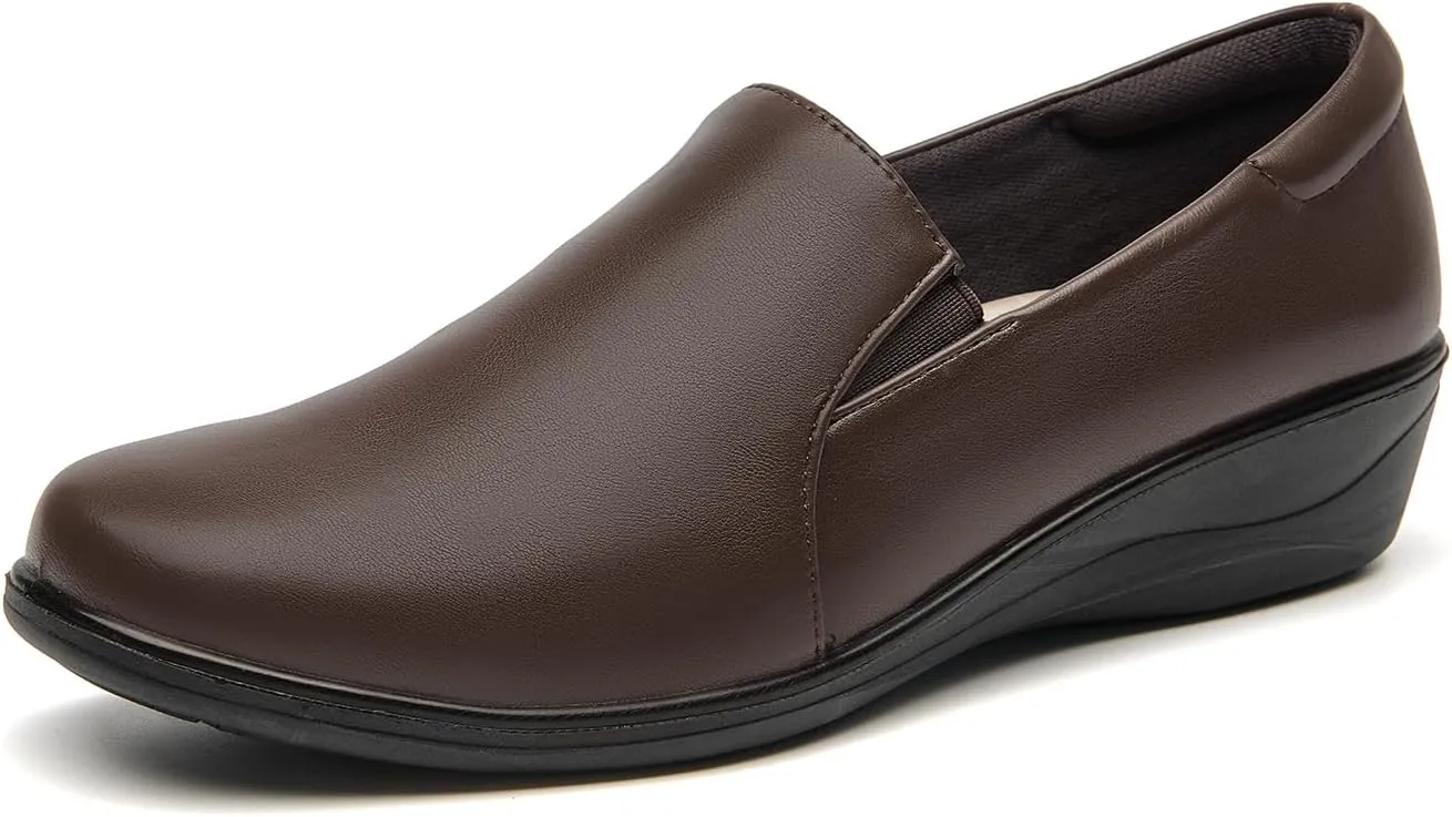 SelenePair Women's Low Wedge Heels Pumps Round Toe Slip-on Comfortable Loafers Casual Office Business Dress Work Shoes