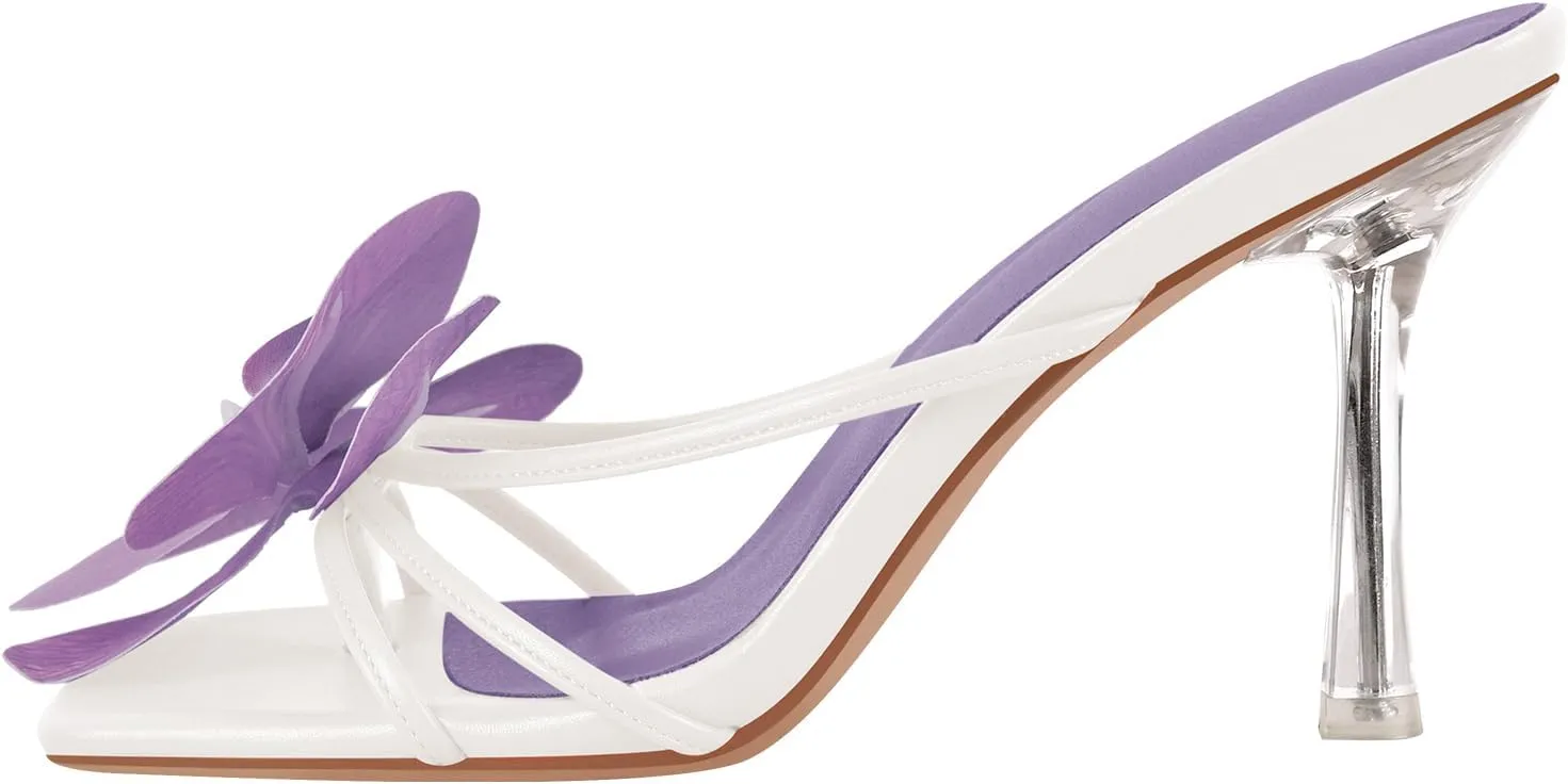 sexytag Clear Kitten Heels Floral Print Thong Sandals Slip On Flower Stiletto Heels Open Toe Mules