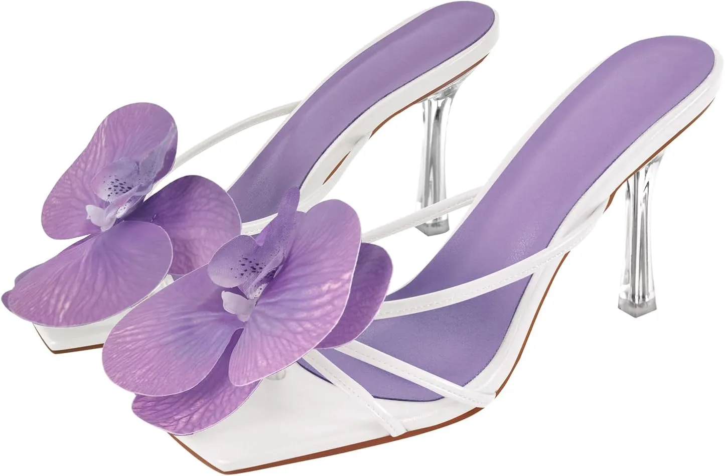 sexytag Clear Kitten Heels Floral Print Thong Sandals Slip On Flower Stiletto Heels Open Toe Mules