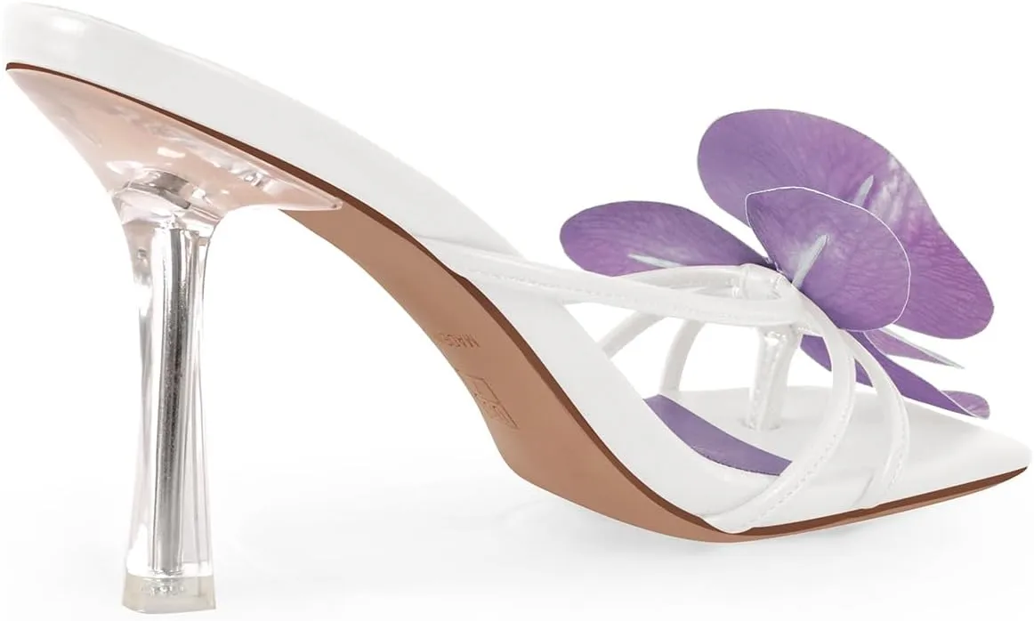 sexytag Clear Kitten Heels Floral Print Thong Sandals Slip On Flower Stiletto Heels Open Toe Mules