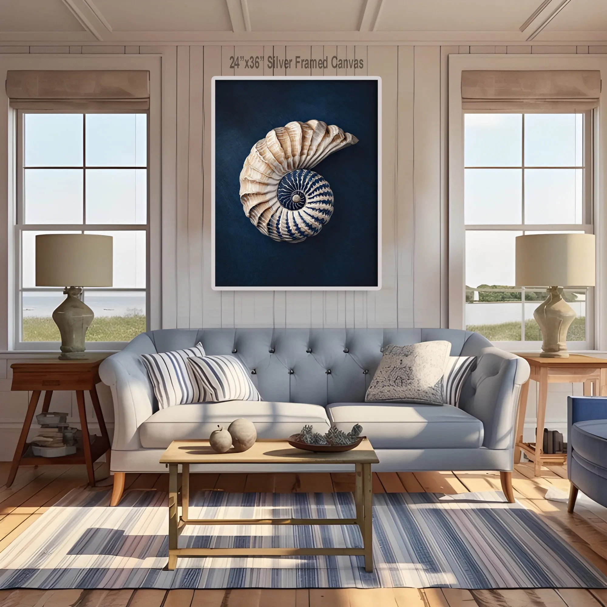 Shell Art Nautilus Canvas Print, Nautical Art Coastal Wall Art Beach House, Cottage Art Blue Gift