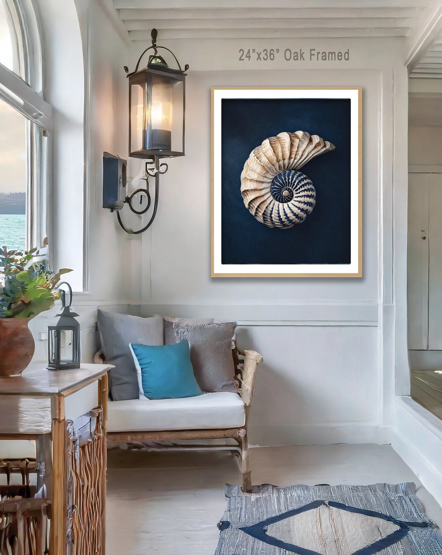Shell Art Nautilus Canvas Print, Nautical Art Coastal Wall Art Beach House, Cottage Art Blue Gift