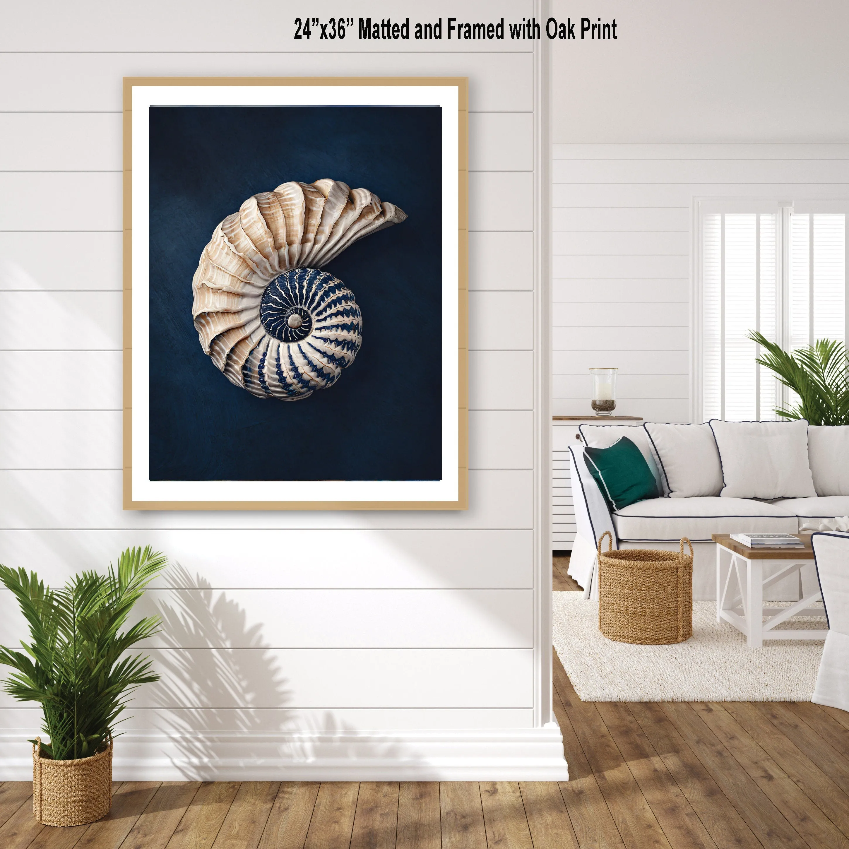 Shell Art Nautilus Canvas Print, Nautical Art Coastal Wall Art Beach House, Cottage Art Blue Gift