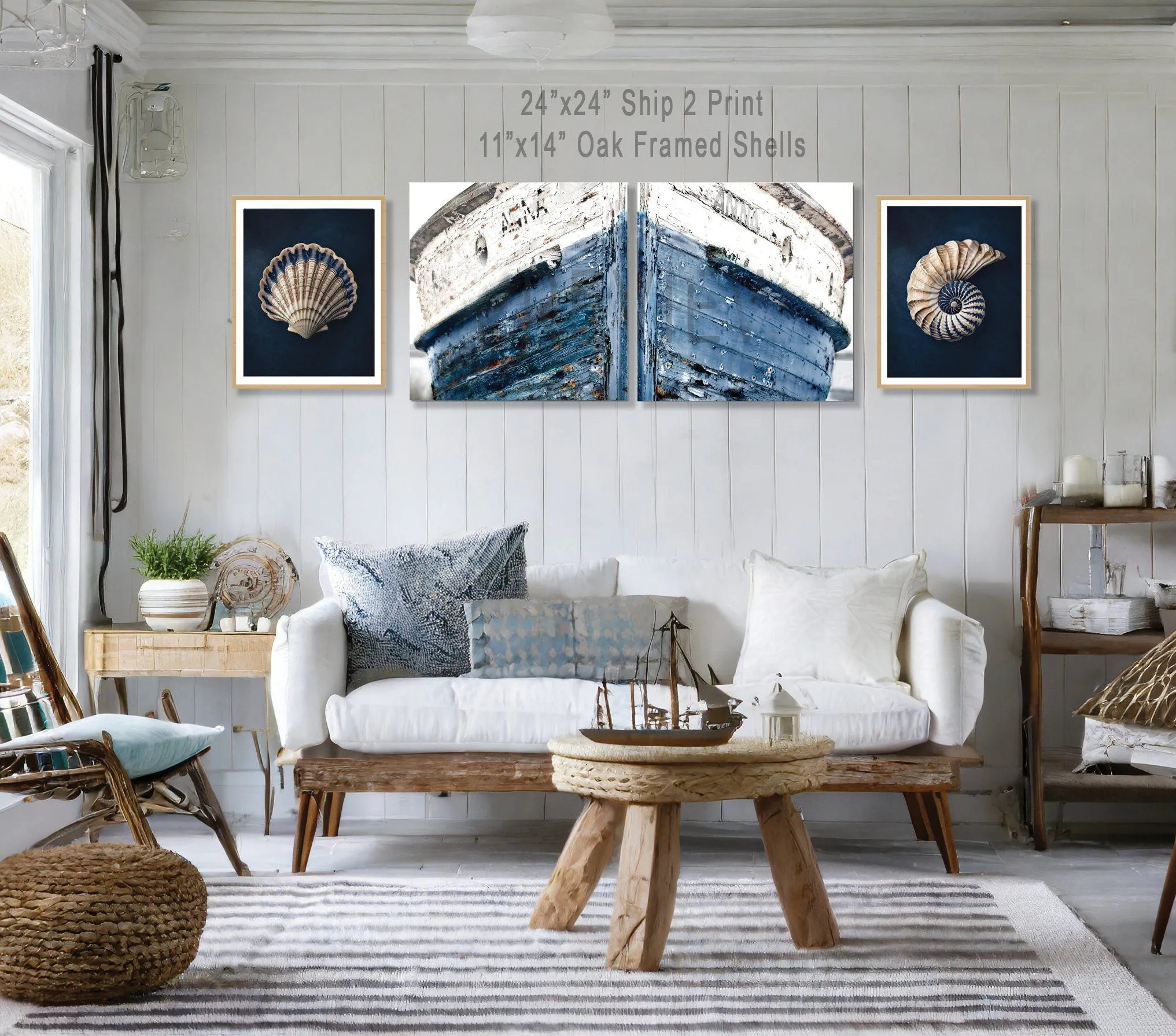 Shell Art Nautilus Canvas Print, Nautical Art Coastal Wall Art Beach House, Cottage Art Blue Gift