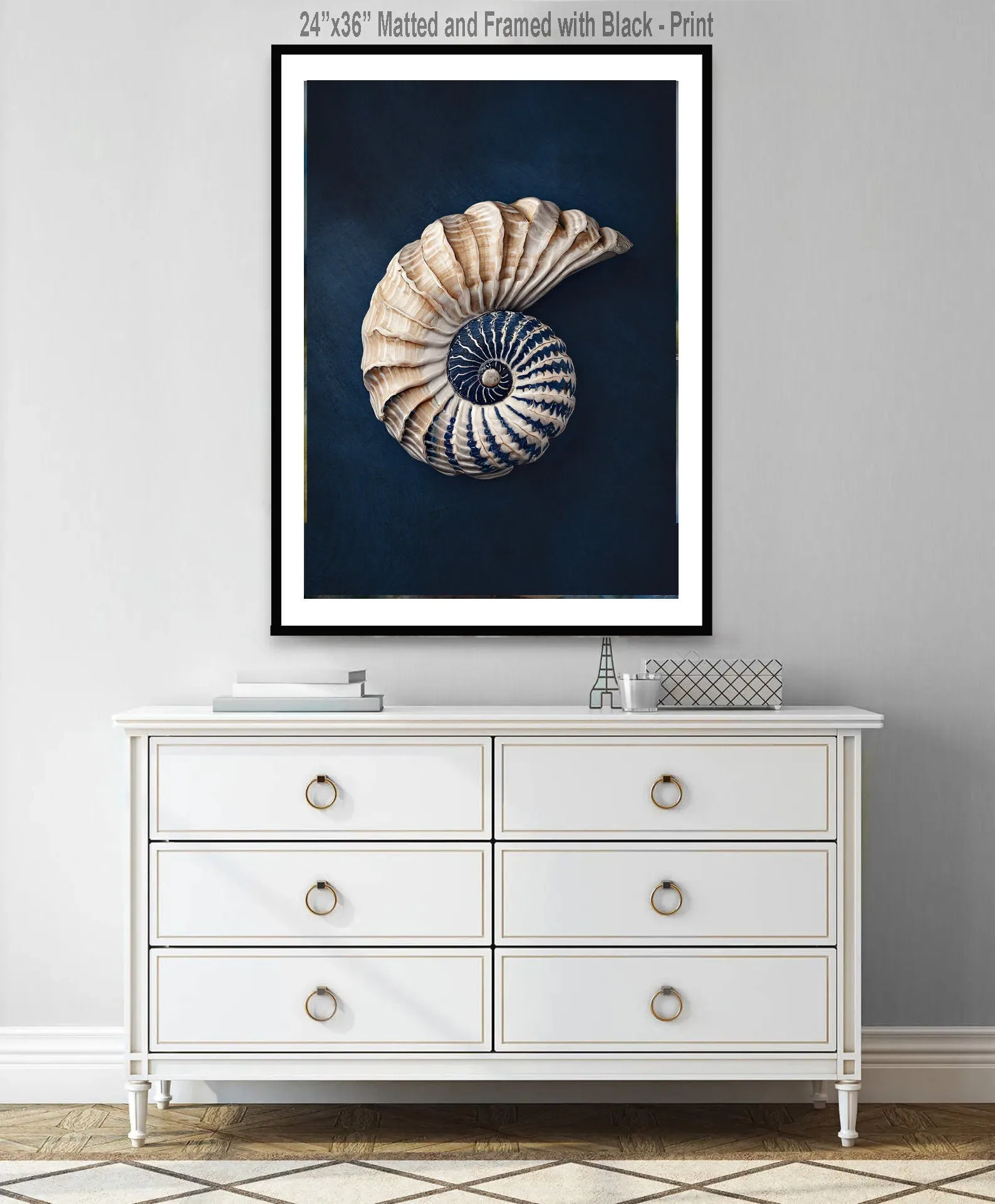 Shell Art Nautilus Canvas Print, Nautical Art Coastal Wall Art Beach House, Cottage Art Blue Gift