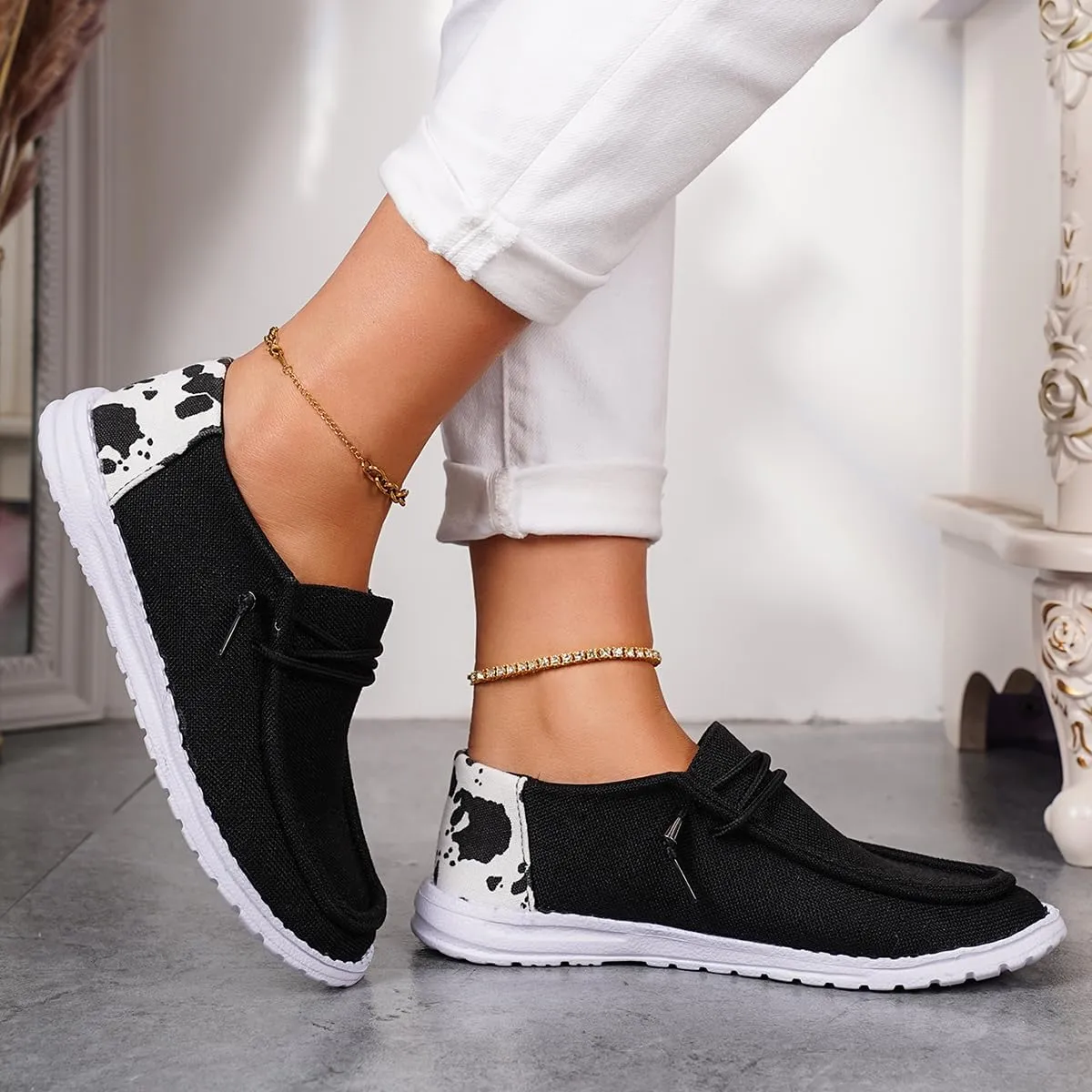 Shesnugin|Women's Black Fabric Slip On Casual Loafers Comfortable Lightweight Breathable Canvas Lace-Up Walking Flat Boat Shoes Ultralight Sole Wide Deck Shoes for Work and Traveling