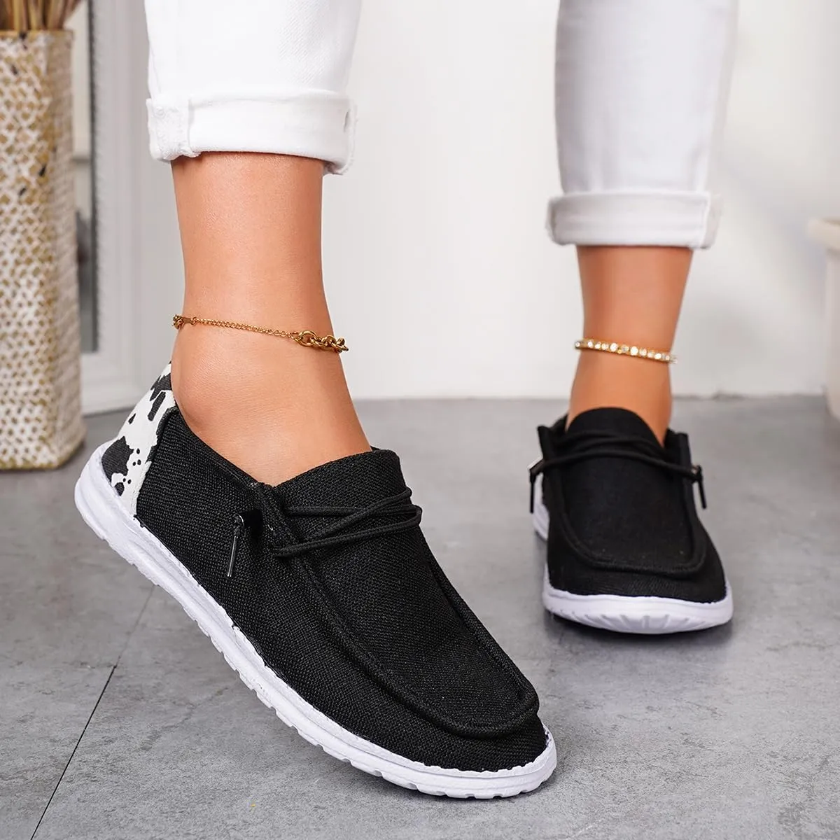 Shesnugin|Women's Black Fabric Slip On Casual Loafers Comfortable Lightweight Breathable Canvas Lace-Up Walking Flat Boat Shoes Ultralight Sole Wide Deck Shoes for Work and Traveling