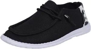 Shesnugin|Women's Black Fabric Slip On Casual Loafers Comfortable Lightweight Breathable Canvas Lace-Up Walking Flat Boat Shoes Ultralight Sole Wide Deck Shoes for Work and Traveling