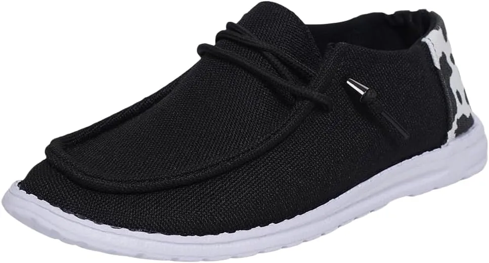 Shesnugin|Women's Black Fabric Slip On Casual Loafers Comfortable Lightweight Breathable Canvas Lace-Up Walking Flat Boat Shoes Ultralight Sole Wide Deck Shoes for Work and Traveling