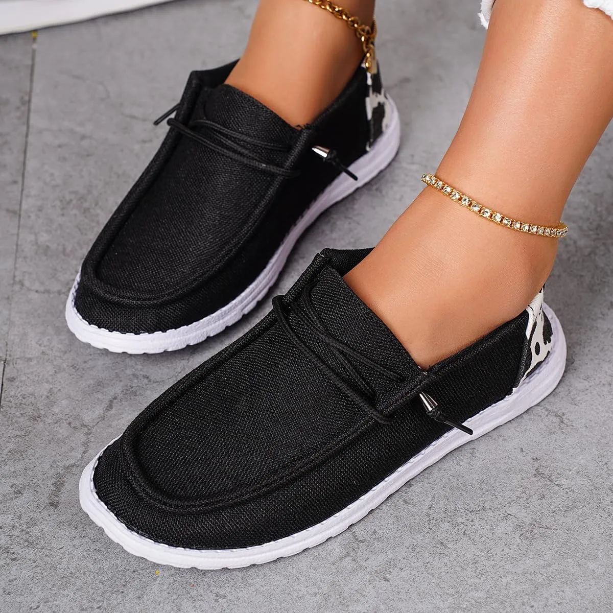 Shesnugin|Women's Black Fabric Slip On Casual Loafers Comfortable Lightweight Breathable Canvas Lace-Up Walking Flat Boat Shoes Ultralight Sole Wide Deck Shoes for Work and Traveling
