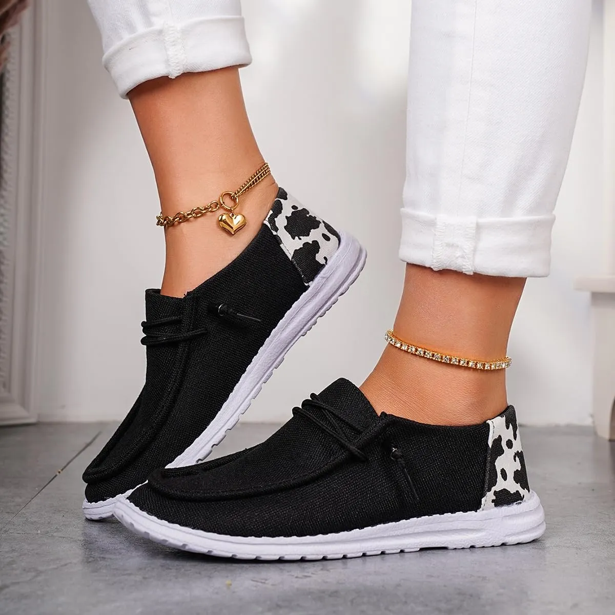 Shesnugin|Women's Black Fabric Slip On Casual Loafers Comfortable Lightweight Breathable Canvas Lace-Up Walking Flat Boat Shoes Ultralight Sole Wide Deck Shoes for Work and Traveling