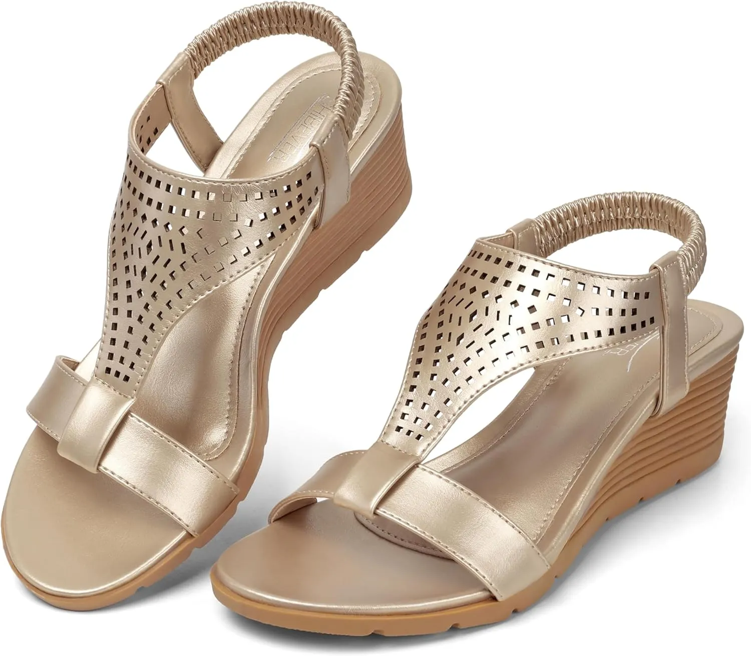 SHIBEVER Womens Sandals Wedge Low: Elastic Ankle Strap Wedge Sandals - Dressy Sandals Women - Comfortable Open Toe