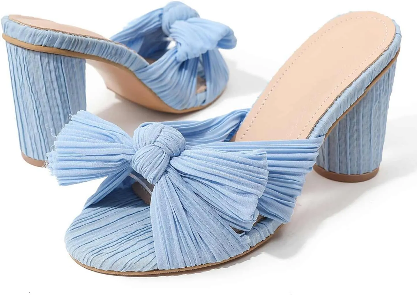 Shinelly Women Chunky Heels Bow Satin Fabric Sandals Open Toe Mules Slip On Pumps Slides High Heeled Mules Summer Dress Sandals Party Vacation Sandals