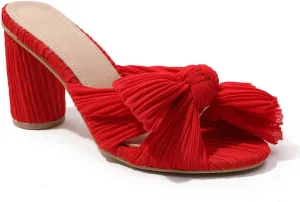 Shinelly Women Chunky Heels Bow Satin Fabric Sandals Open Toe Mules Slip On Pumps Slides High Heeled Mules Summer Dress Sandals Party Vacation Sandals