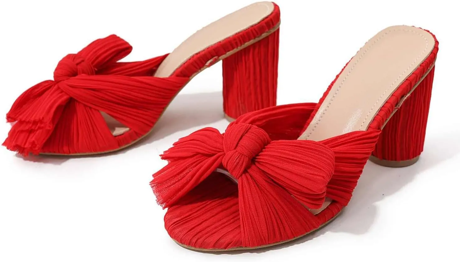 Shinelly Women Chunky Heels Bow Satin Fabric Sandals Open Toe Mules Slip On Pumps Slides High Heeled Mules Summer Dress Sandals Party Vacation Sandals
