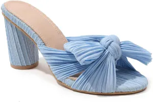 Shinelly Women Chunky Heels Bow Satin Fabric Sandals Open Toe Mules Slip On Pumps Slides High Heeled Mules Summer Dress Sandals Party Vacation Sandals
