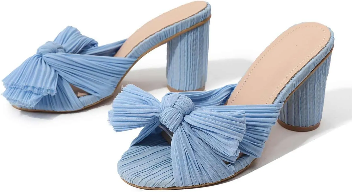 Shinelly Women Chunky Heels Bow Satin Fabric Sandals Open Toe Mules Slip On Pumps Slides High Heeled Mules Summer Dress Sandals Party Vacation Sandals