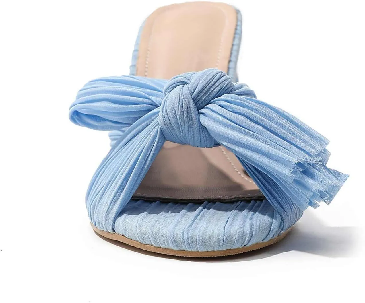 Shinelly Women Chunky Heels Bow Satin Fabric Sandals Open Toe Mules Slip On Pumps Slides High Heeled Mules Summer Dress Sandals Party Vacation Sandals