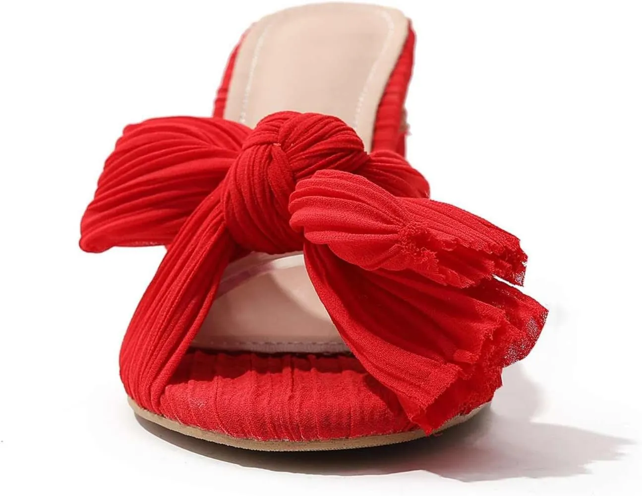 Shinelly Women Chunky Heels Bow Satin Fabric Sandals Open Toe Mules Slip On Pumps Slides High Heeled Mules Summer Dress Sandals Party Vacation Sandals
