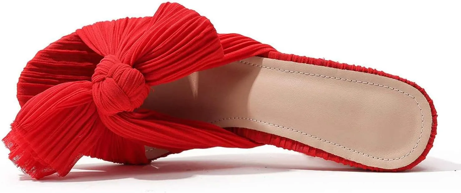 Shinelly Women Chunky Heels Bow Satin Fabric Sandals Open Toe Mules Slip On Pumps Slides High Heeled Mules Summer Dress Sandals Party Vacation Sandals