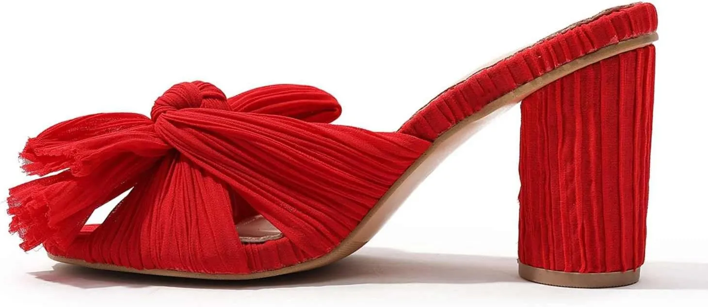 Shinelly Women Chunky Heels Bow Satin Fabric Sandals Open Toe Mules Slip On Pumps Slides High Heeled Mules Summer Dress Sandals Party Vacation Sandals