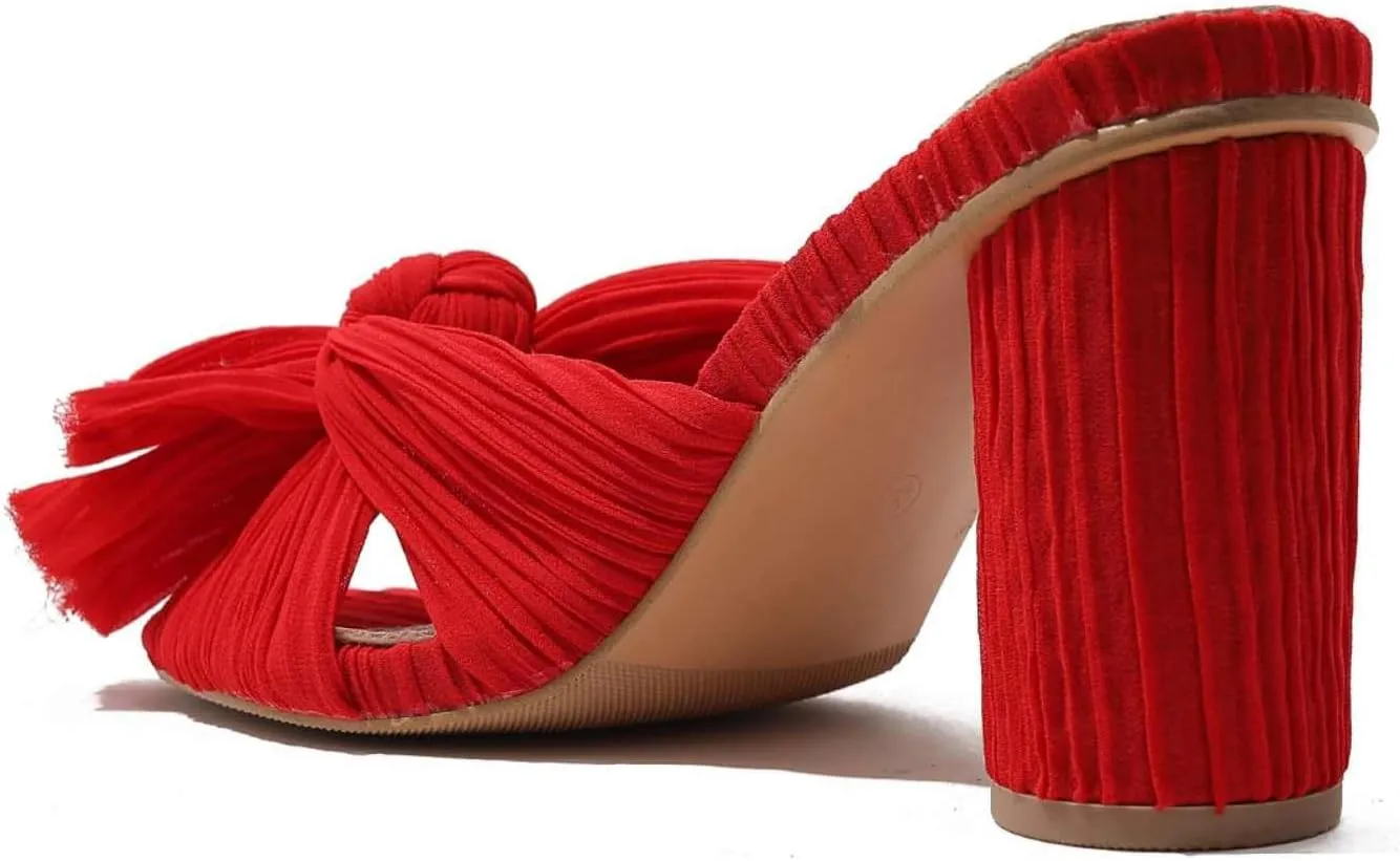 Shinelly Women Chunky Heels Bow Satin Fabric Sandals Open Toe Mules Slip On Pumps Slides High Heeled Mules Summer Dress Sandals Party Vacation Sandals