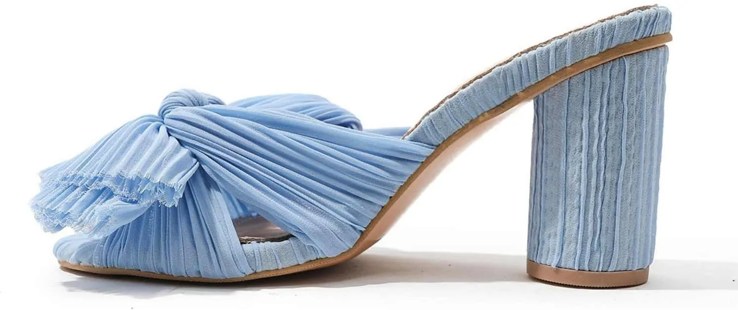 Shinelly Women Chunky Heels Bow Satin Fabric Sandals Open Toe Mules Slip On Pumps Slides High Heeled Mules Summer Dress Sandals Party Vacation Sandals