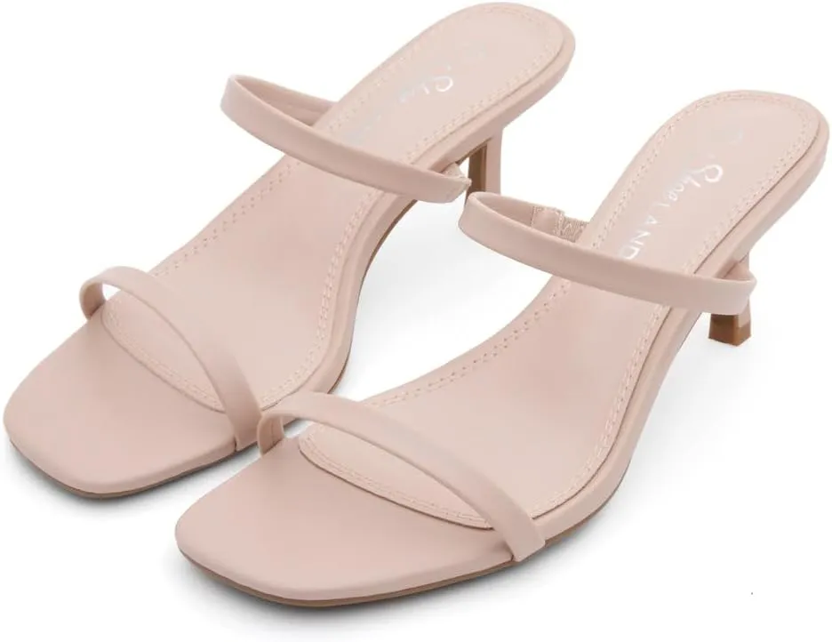 Shoe Land Women's Low Heels | Kitten Heel Sandals for Women | Open Toe Slip-On Slides | Two-Strap Heeled Mules | Dressy Short Heels for Party, Wedding & Vacation