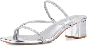 Shoe'N Tale Strappy Heels For Women Low Chunky Block Heel Heeled Sandals Square Open Toe Slip On Slides Mules
