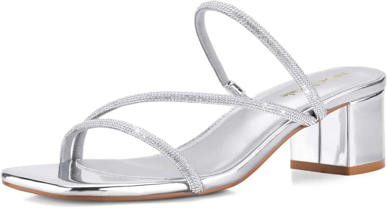 Shoe'N Tale Strappy Heels For Women Low Chunky Block Heel Heeled Sandals Square Open Toe Slip On Slides Mules