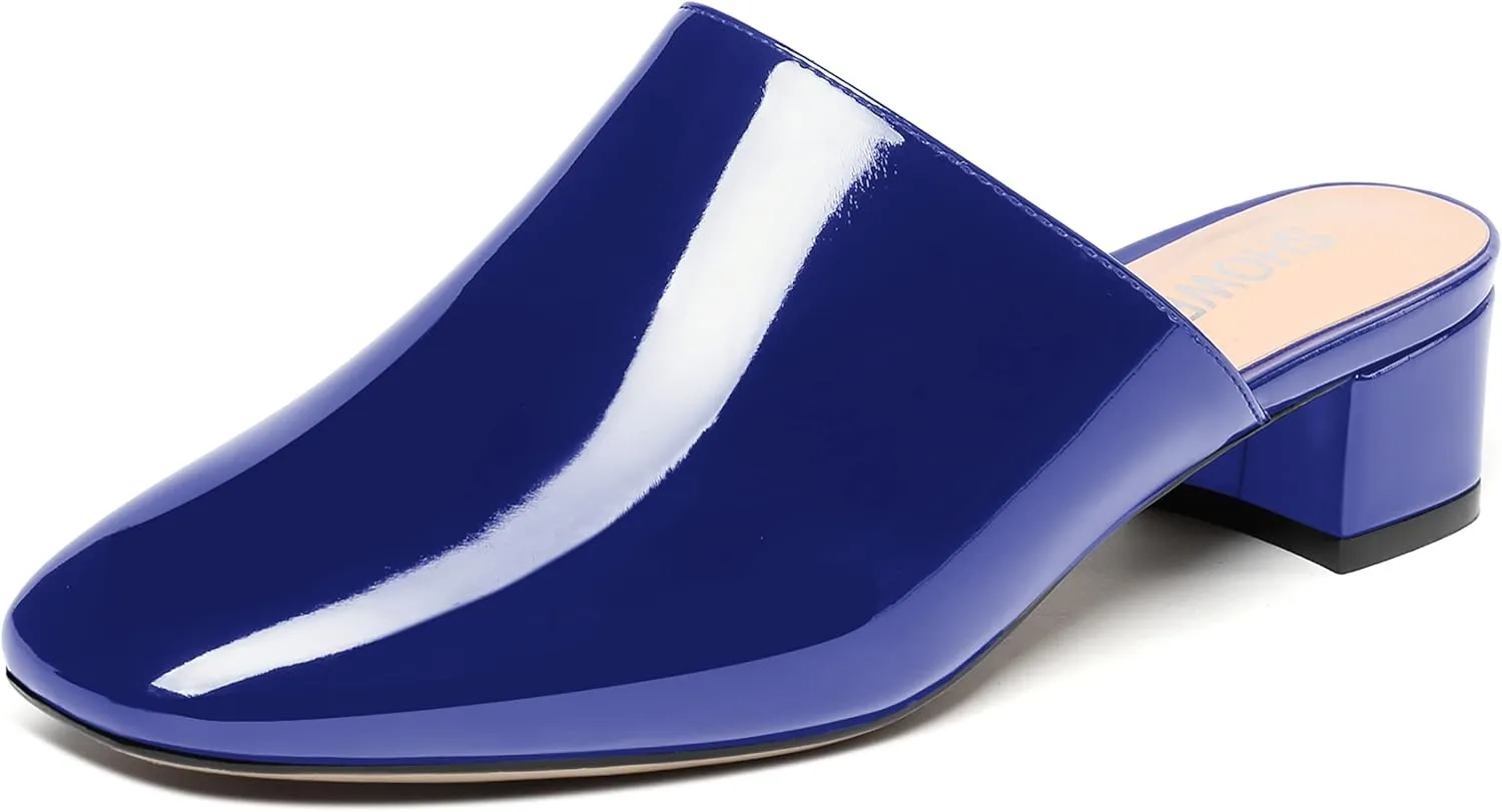 SHOWFOREST Women's Dress Patent Slip On Party Square Toe Chunky Low Heel Mules Shoes 1.5 Inch