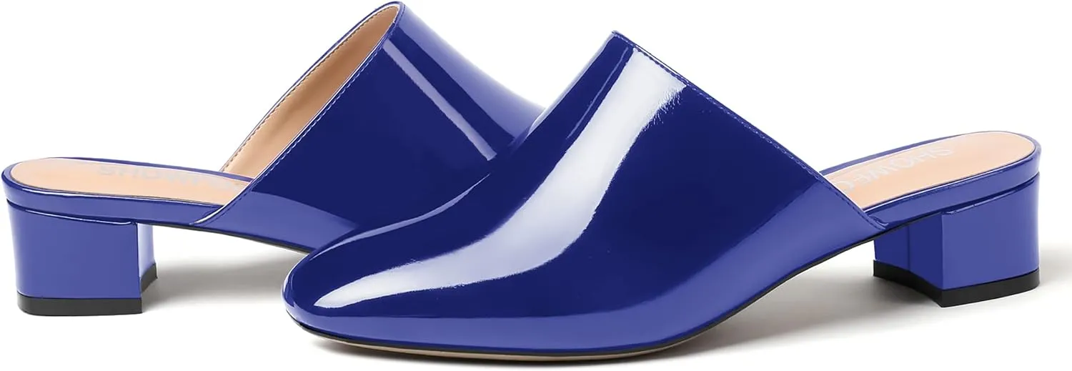 SHOWFOREST Women's Dress Patent Slip On Party Square Toe Chunky Low Heel Mules Shoes 1.5 Inch