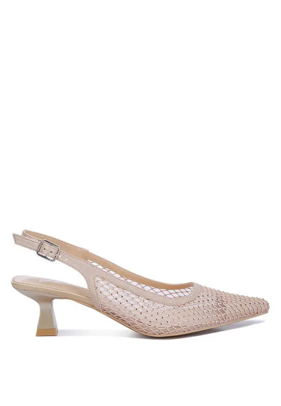 Siev Rhinestone Slingback Mules – Pointed Toe Kitten Heel Shoes